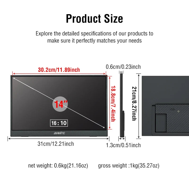 14 Inch Portable Touch Screen Monitor - Gaming Computer Extended Display 14"
