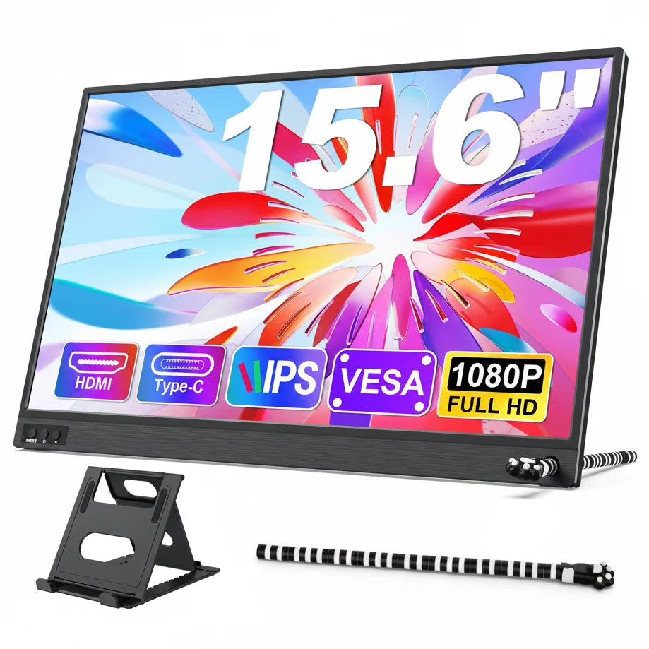 15.6 Inch Portable Monitor Full HD 1080P IPS USB-C Mini HDMI Display with Stand