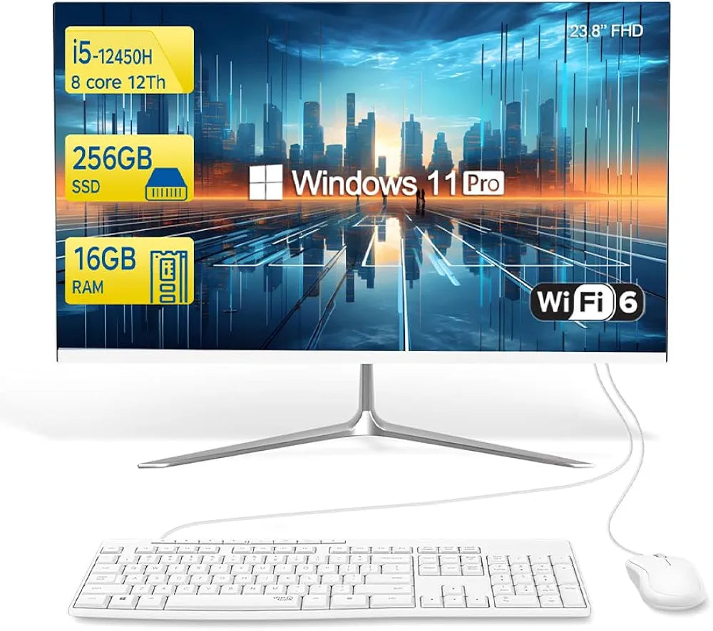 23.8" All-in-One PC, Intel i5-12450H 8-core, 16GB RAM, 256GB SSD, includes wired keyboard & mouse. Pre-installed Windows 11 Pro, ideal for home and office 