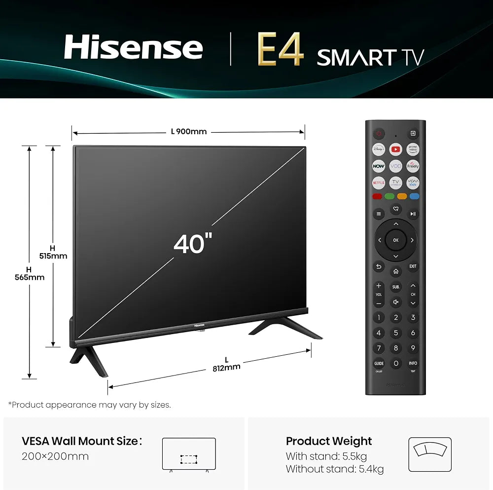 Hisense 40" 40E4QTUK FHD LED TV with Freely - Direct Lit LED, Dolby Audio, Natural Colour Enhancer, Games Mode, Sports Mode with Freely, Disney +, YouTube, Netflix