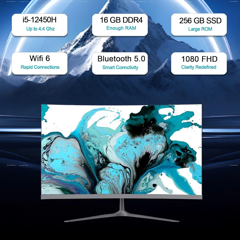 23.8" All-in-One PC, Intel i5-12450H 8-core, 16GB RAM, 256GB SSD, includes wired keyboard & mouse. Pre-installed Windows 11 Pro, ideal for home and office 