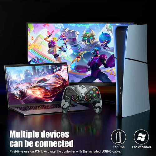 Dinosoo RGB Wireless Controller for PS5/Pro/Slim/PC, Bluetooth Gamepad with Back Paddles, Touchpad, Dual-Motor Vibration, 6-Axis Motion, Macro, Turbo with Speaker, 3.5mm Audio