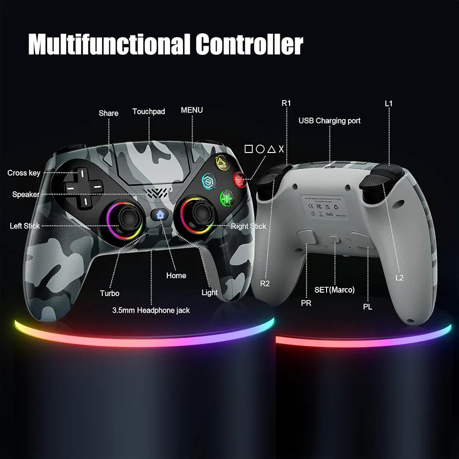 Dinosoo RGB Wireless Controller for PS5/Pro/Slim/PC, Bluetooth Gamepad with Back Paddles, Touchpad, Dual-Motor Vibration, 6-Axis Motion, Macro, Turbo with Speaker, 3.5mm Audio