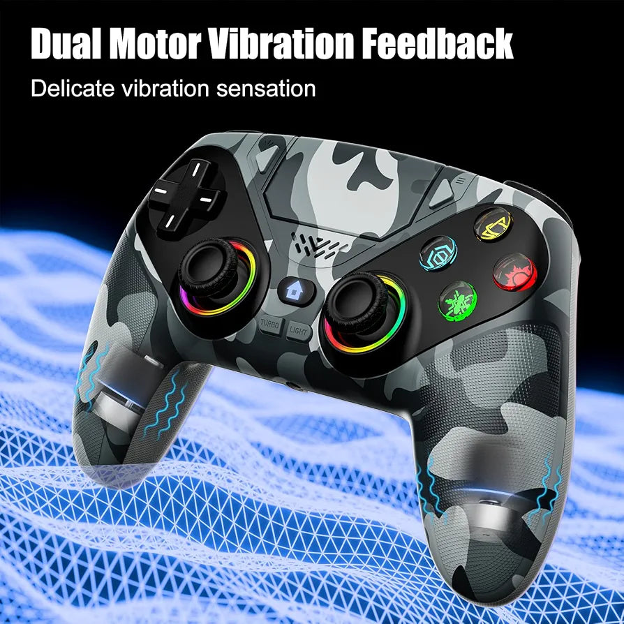 Dinosoo RGB Wireless Controller for PS5/Pro/Slim/PC, Bluetooth Gamepad with Back Paddles, Touchpad, Dual-Motor Vibration, 6-Axis Motion, Macro, Turbo with Speaker, 3.5mm Audio