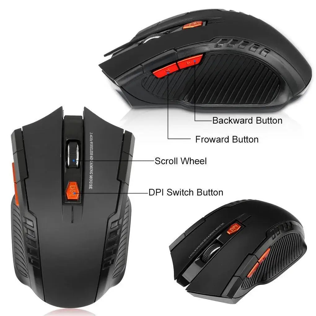 2.4G Wireless Black Mouse - 1600DPI Optical PC Computer Gaming USB Receiver