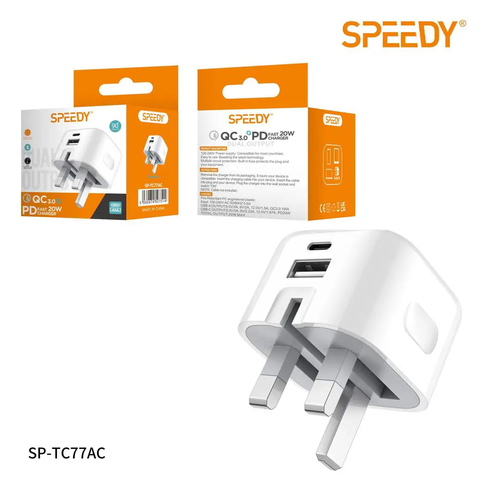 20W Foldable Dual USB-A & USB-C Fast Charger Adapter for Samsung Galaxy, iPhones & Android