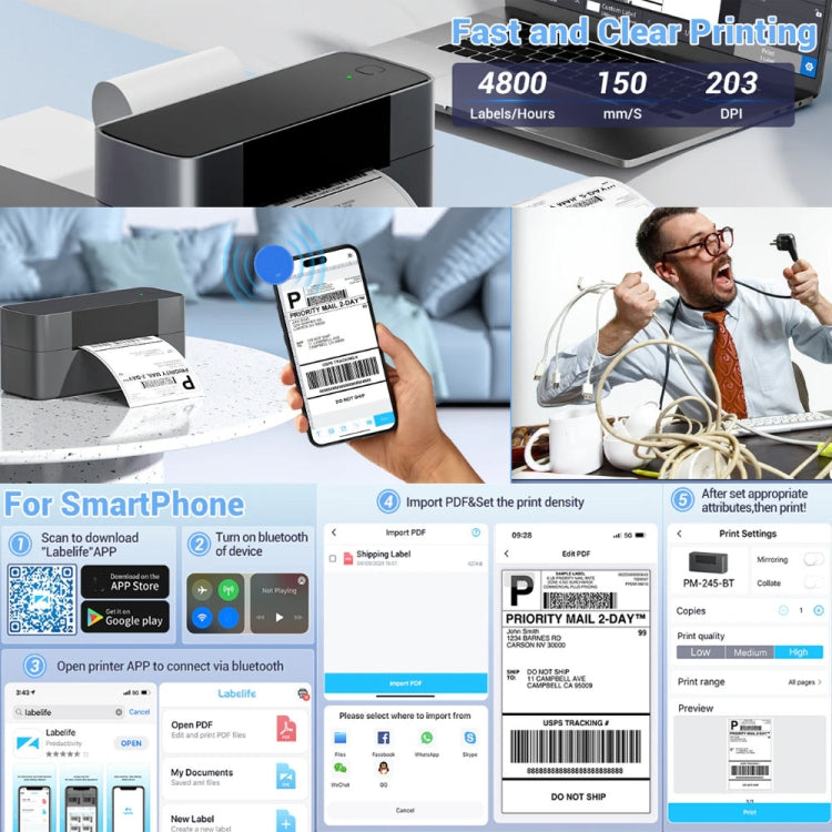 Phomemo PM245-BT Bluetooth Shipping Label Printer Support Labels Width  1- 4.6 Inch(UK Plug)